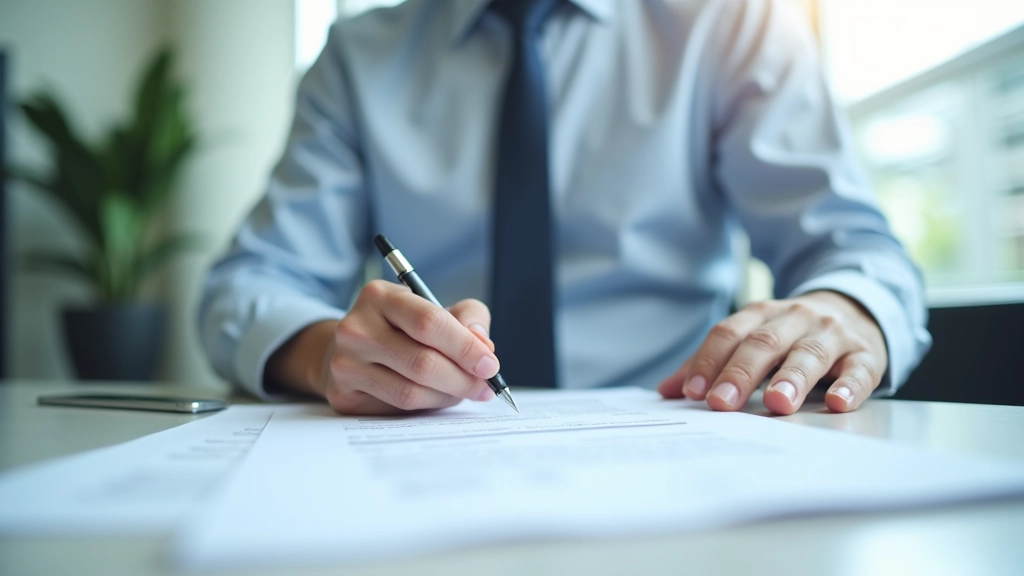 Businessman in formal attire reviewing important documents with pen in hand at desk