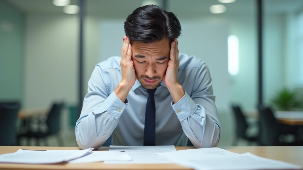 Frustrated person at desk surrounded by papers and documents, looking overwhelmed