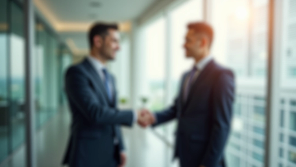 Two professionals shaking hands across table in bright office, morning light from windows, professional attire