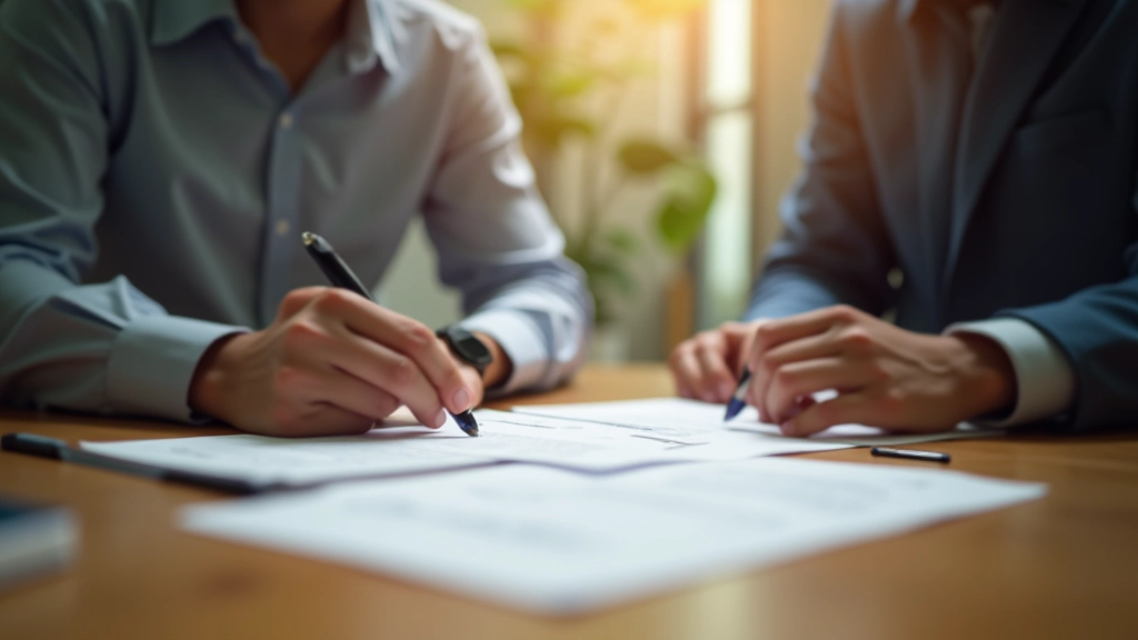 Two professionals reviewing lease documents together at a wooden desk with pen and coffee