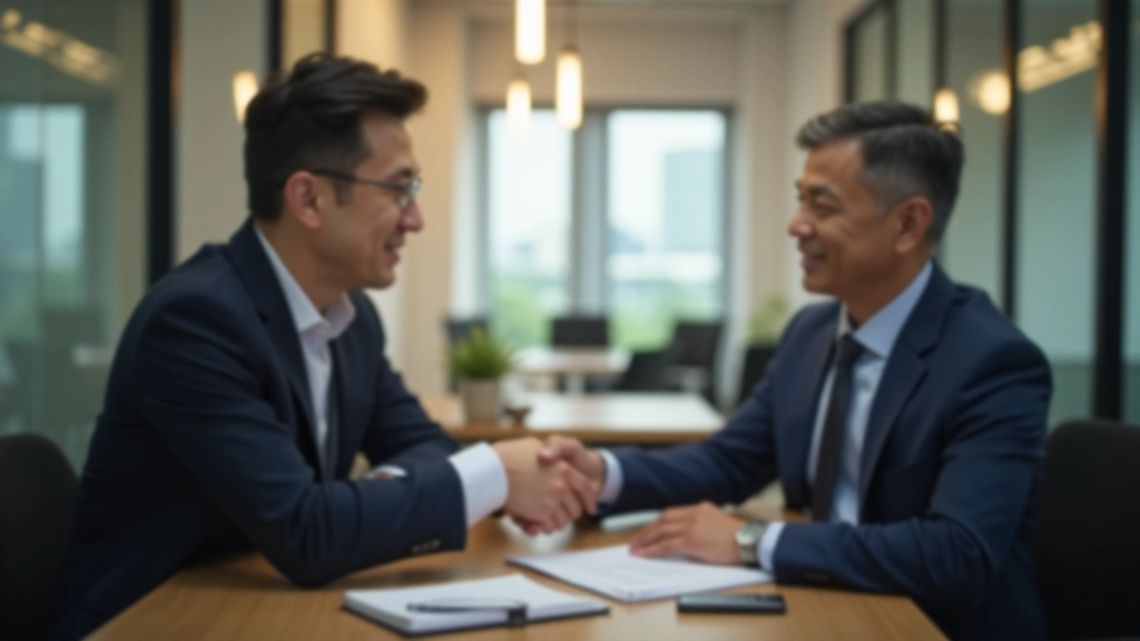 Two people shaking hands across desk during business negotiation meeting