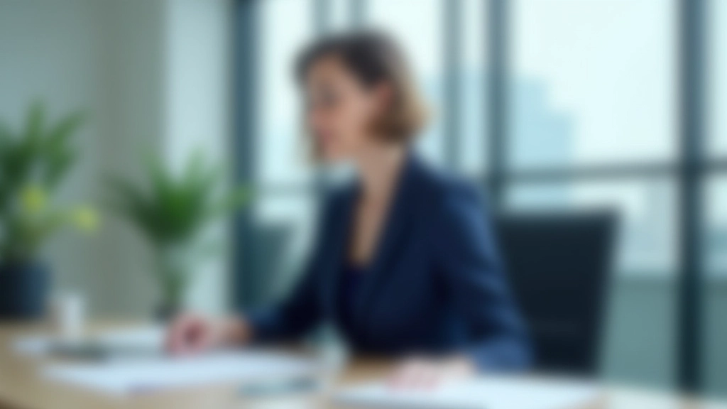 Professional woman in blazer sitting at modern office desk with calendar and planning documents, natural window lighting